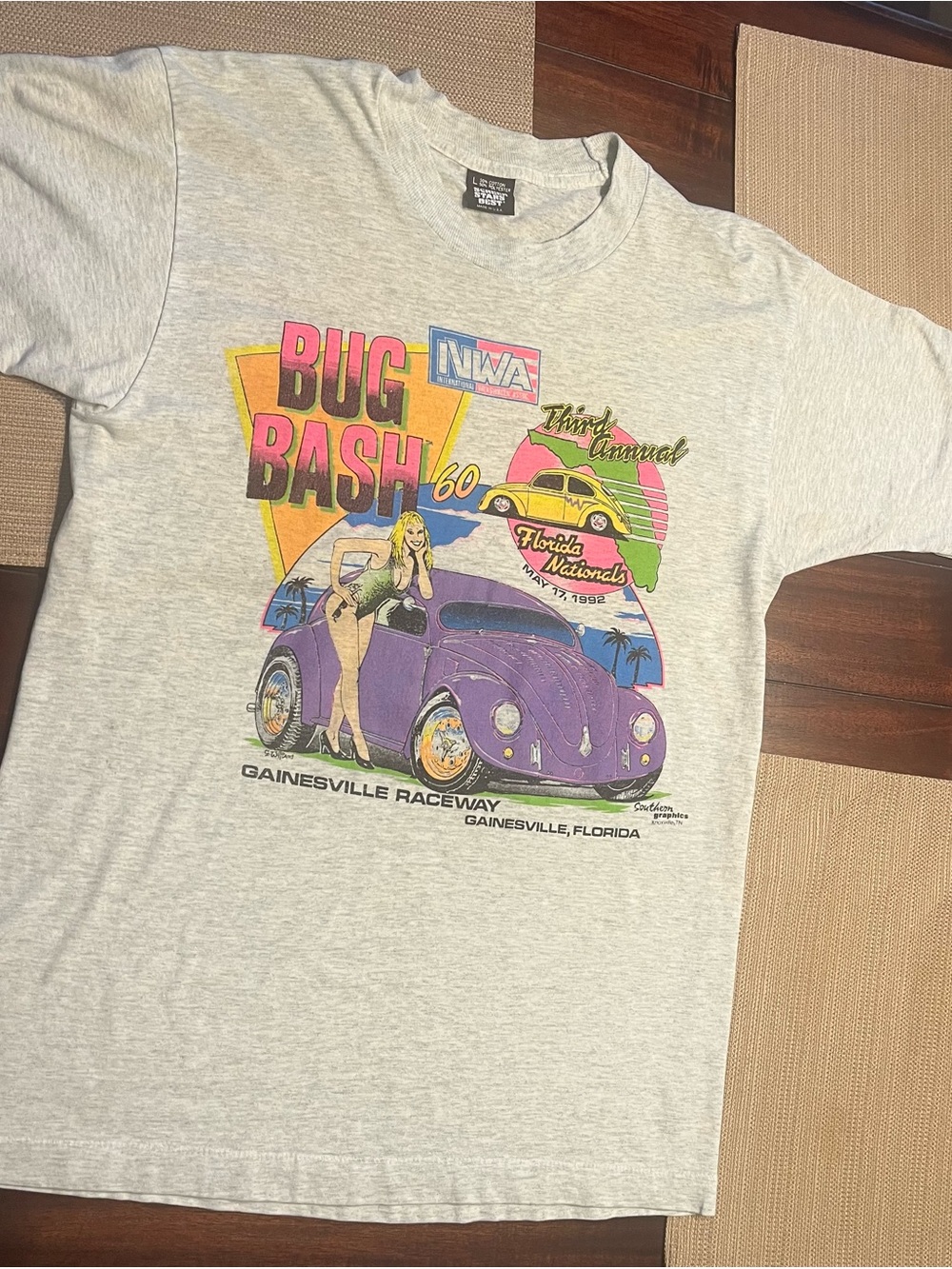 Ivwa Screen Stars Gray T‑Shirt with VW Bug 5 17 1992 Gainesville raceway Florida